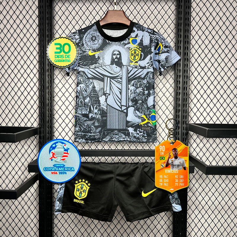 Kit Infantil Seleção Brasileira Cristo Cinza Home + 🎁 5 Presentes