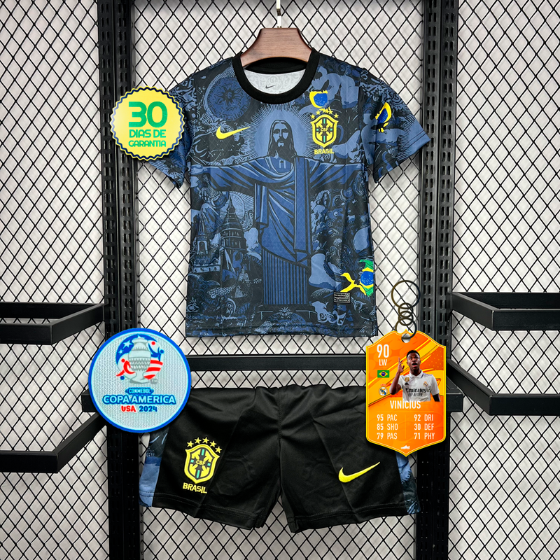 Kit Infantil Seleção Brasileira Cristo Redentor Azul Home + 🎁 5 Presentes